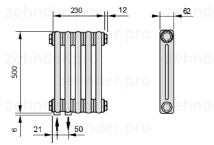 Схема (чертеж) Радиатор Zehnder Charleston 2050/5 №3370 Белый глянцевый RAL 9016